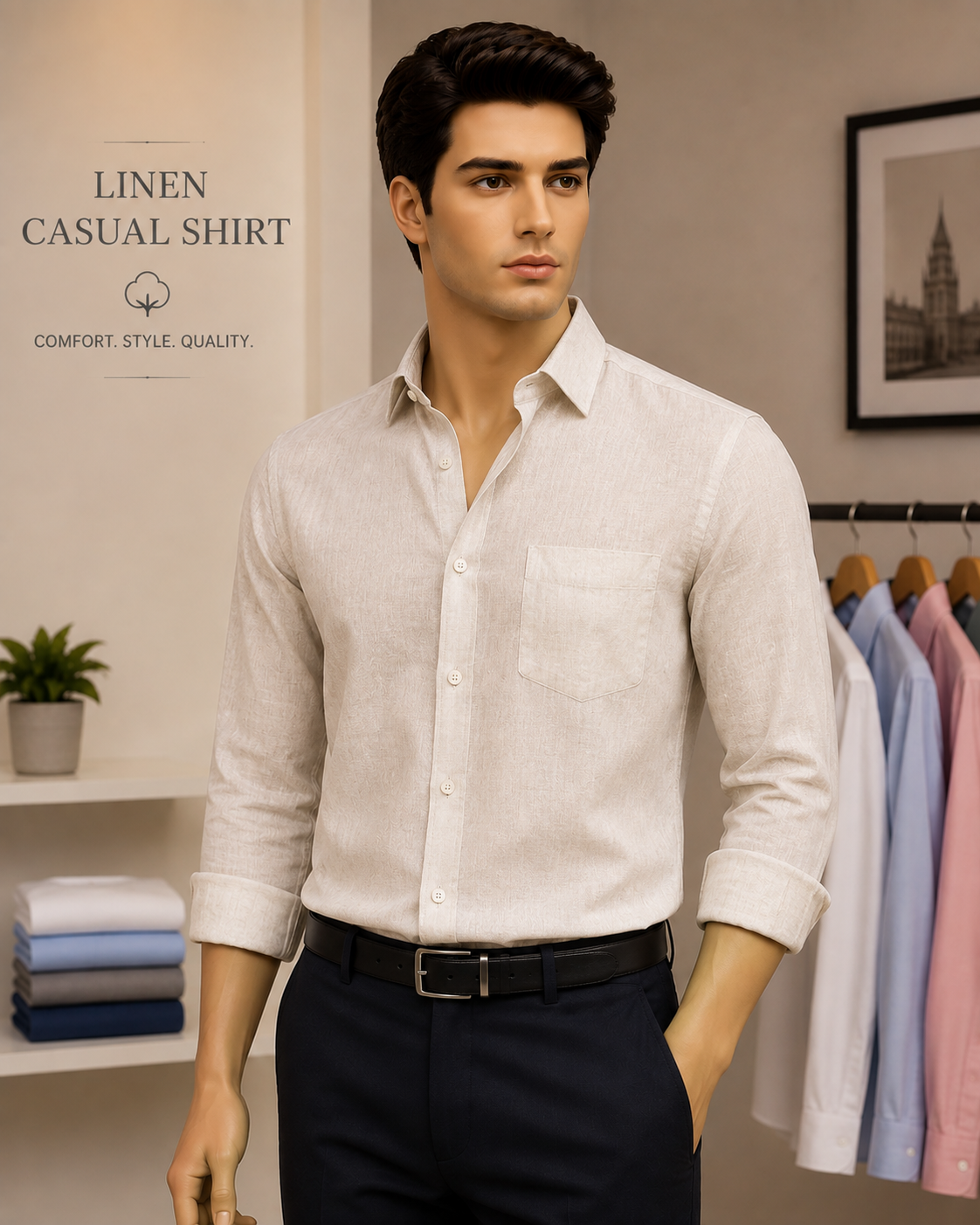 A model in a natural linen casual shirt and navy trousers beside a rail of shirts in other colours