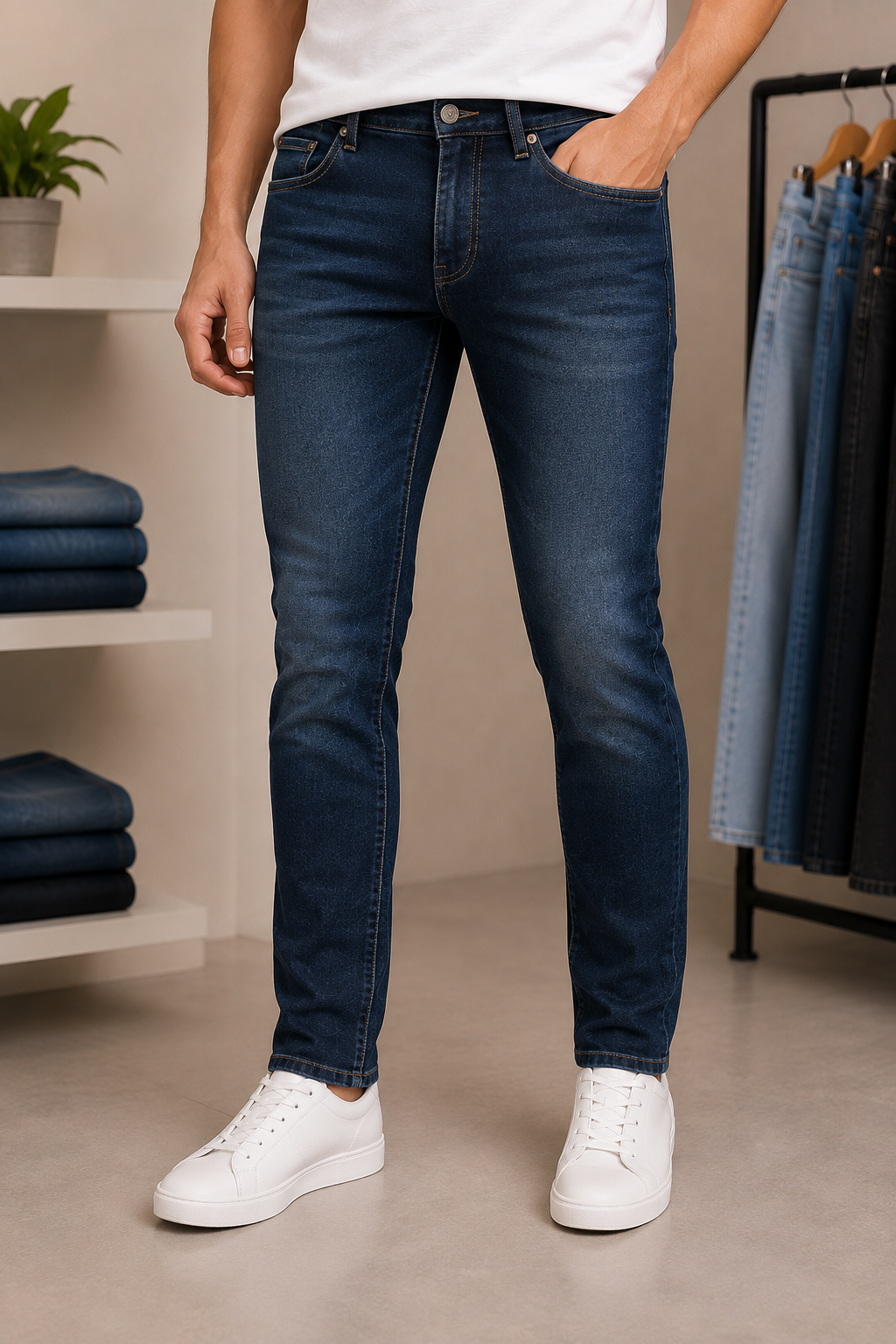 Classic straight-fit dark wash jeans worn with white sneakers, beside the folded denim shelves