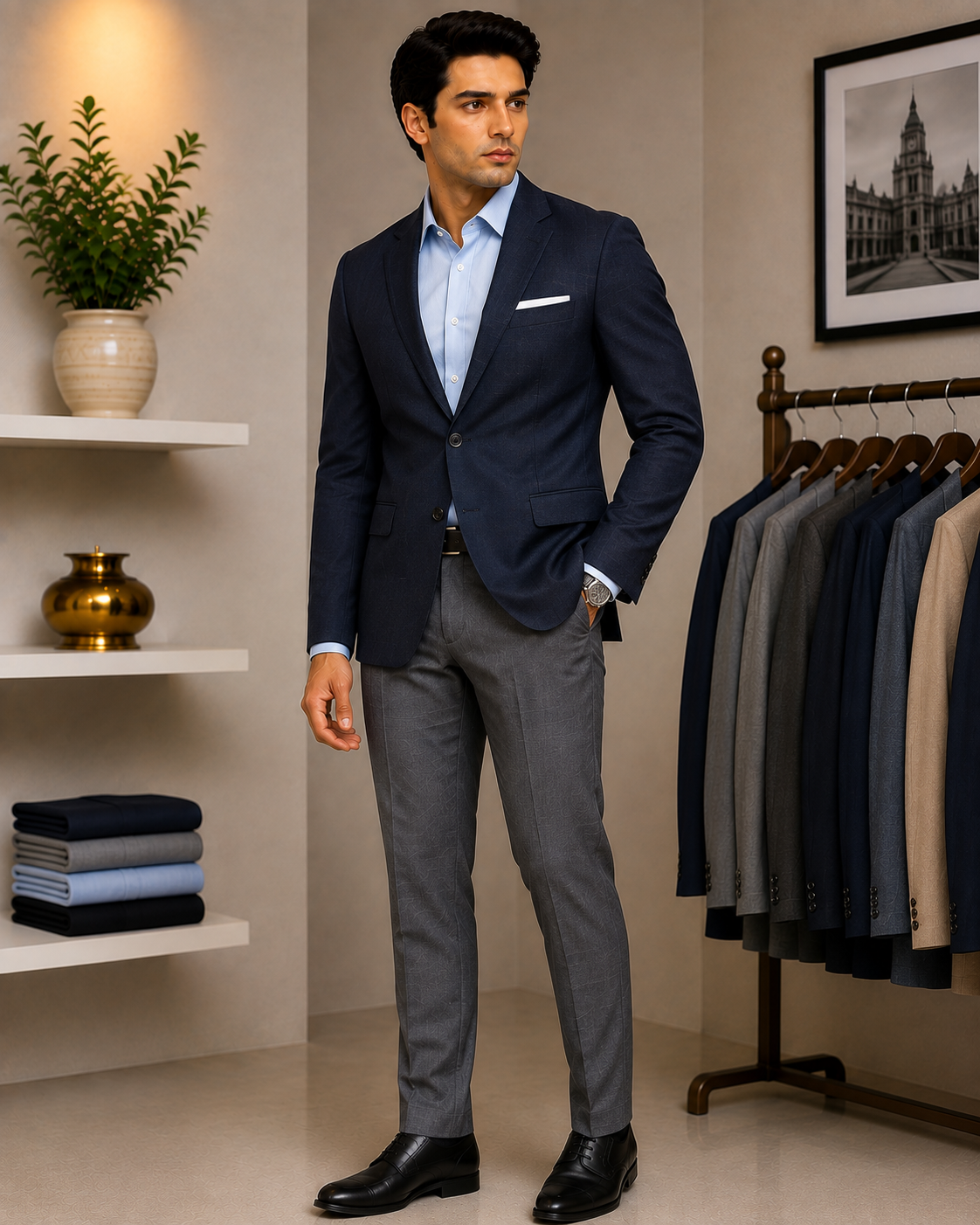 A model in a navy tailored blazer over a light blue shirt with grey trousers, beside the blazer rail