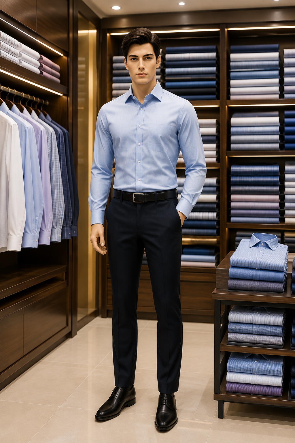 A model in a light blue formal shirt and navy trousers beside the shirting shelves
