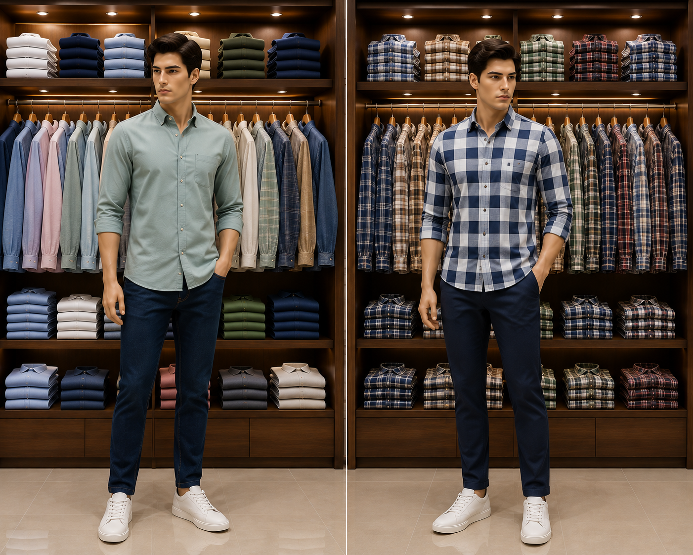 Models in a plain casual shirt and a blue check shirt in front of the casual shirt racks