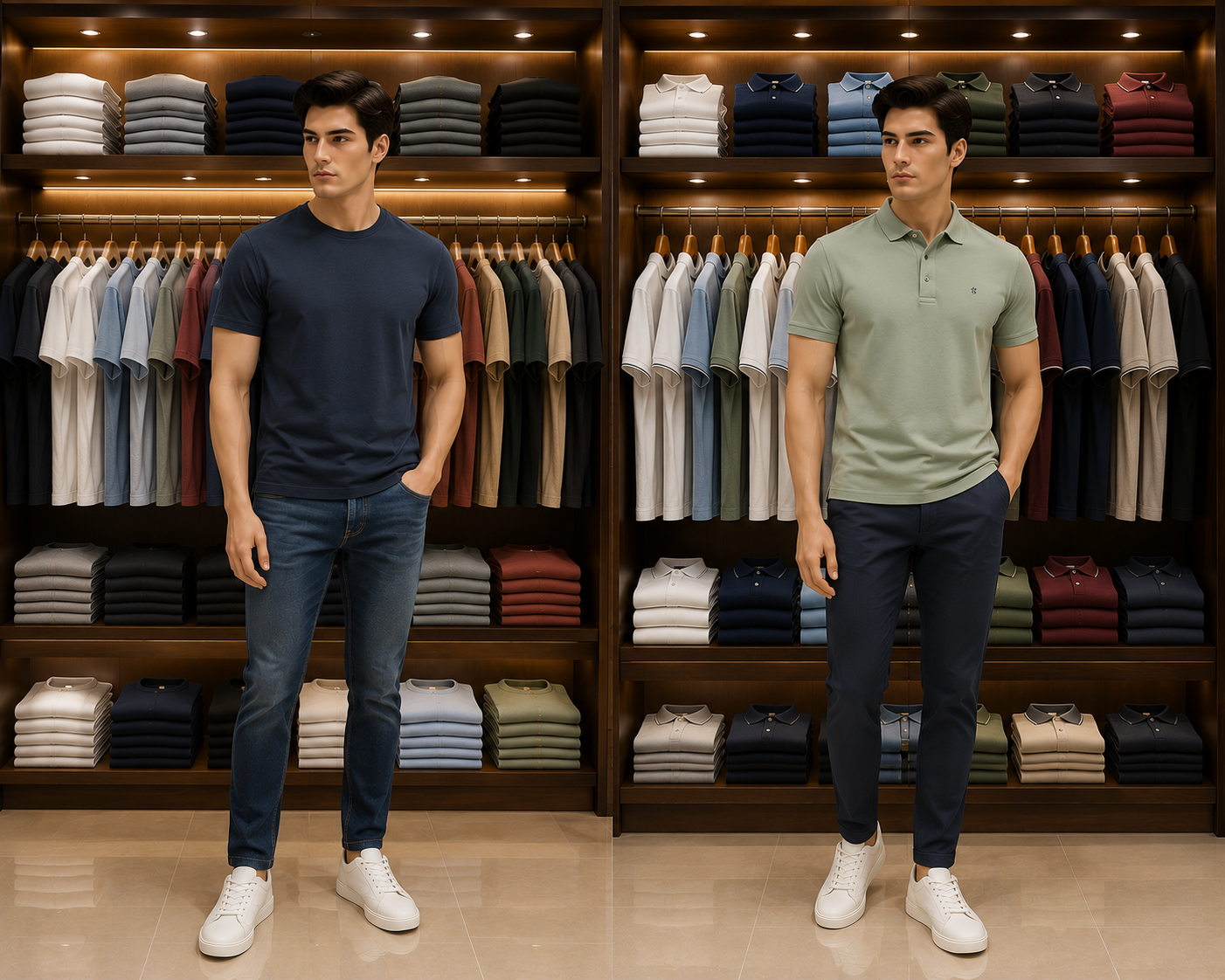 Models in a navy round-neck t-shirt and a green polo beside the t-shirt shelves