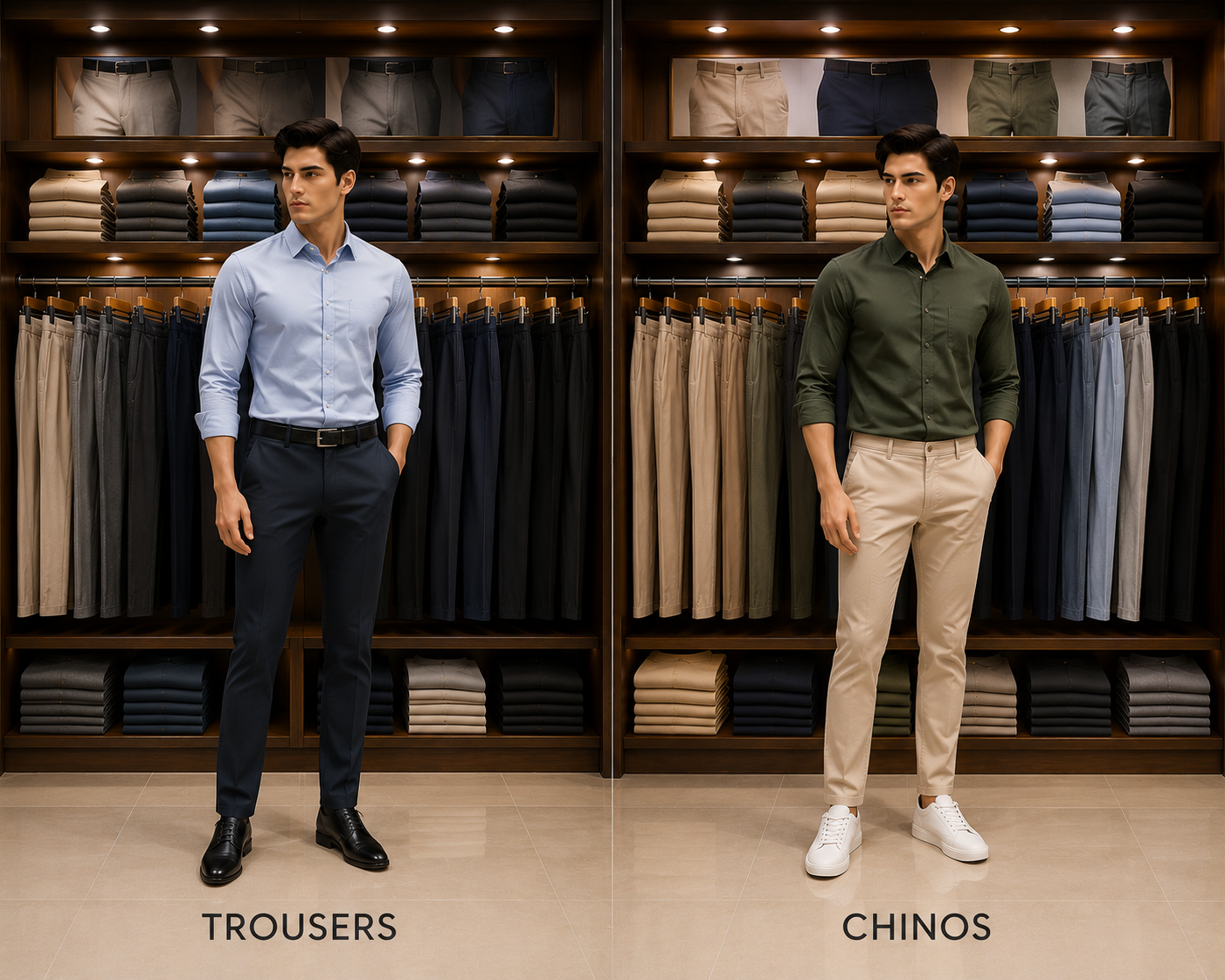 Models in navy formal trousers and beige chinos in front of the trouser racks