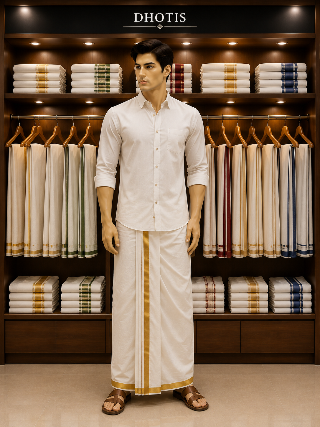 A model in a white gold-bordered dhoti and shirt in front of the dhoti section