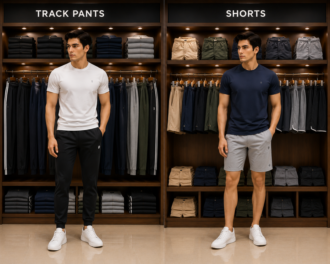 Models in black track pants and grey shorts beside the activewear racks