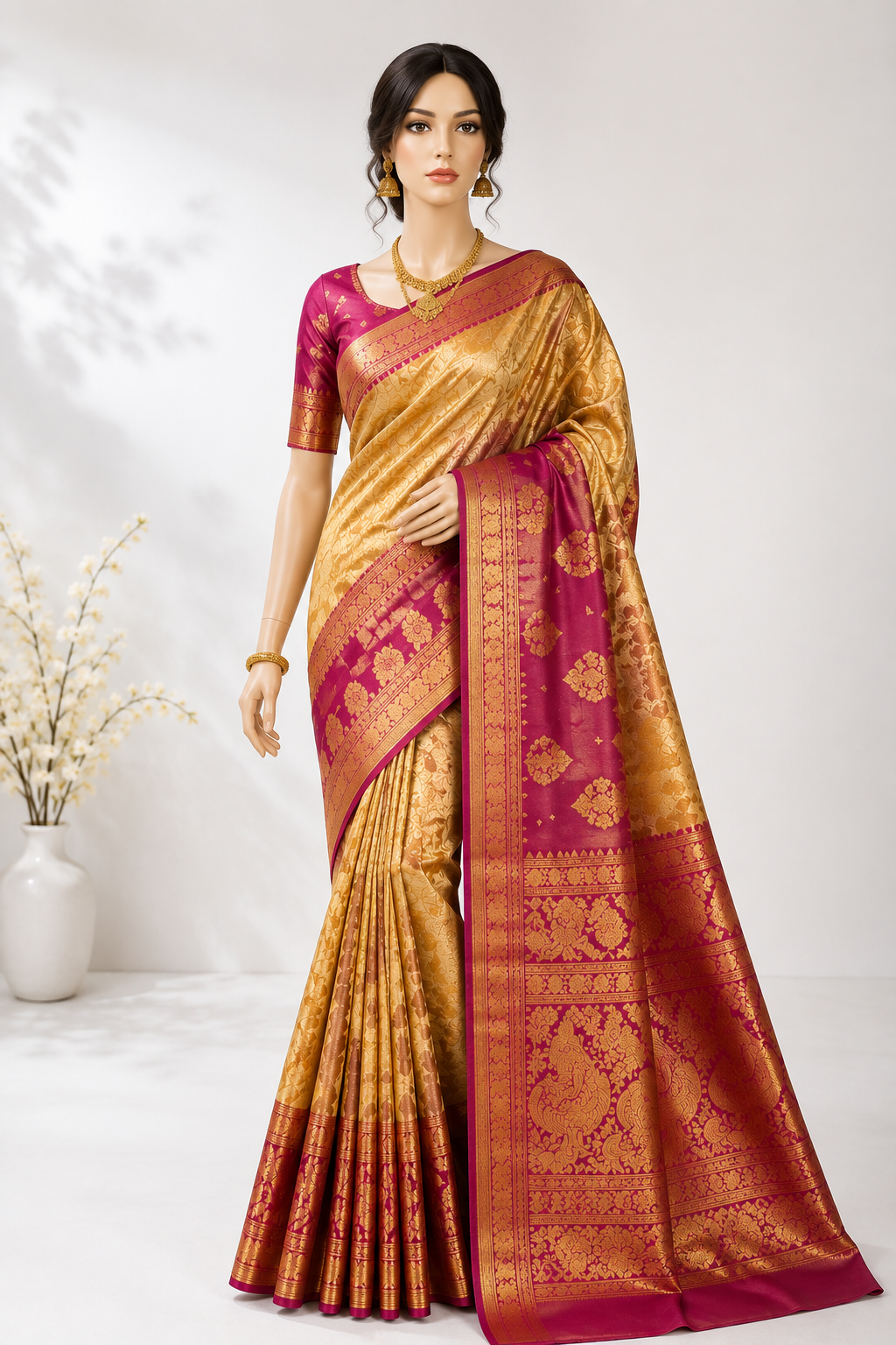 Kanjivaram Silk Saree worn by a model in the Cotton India showroom