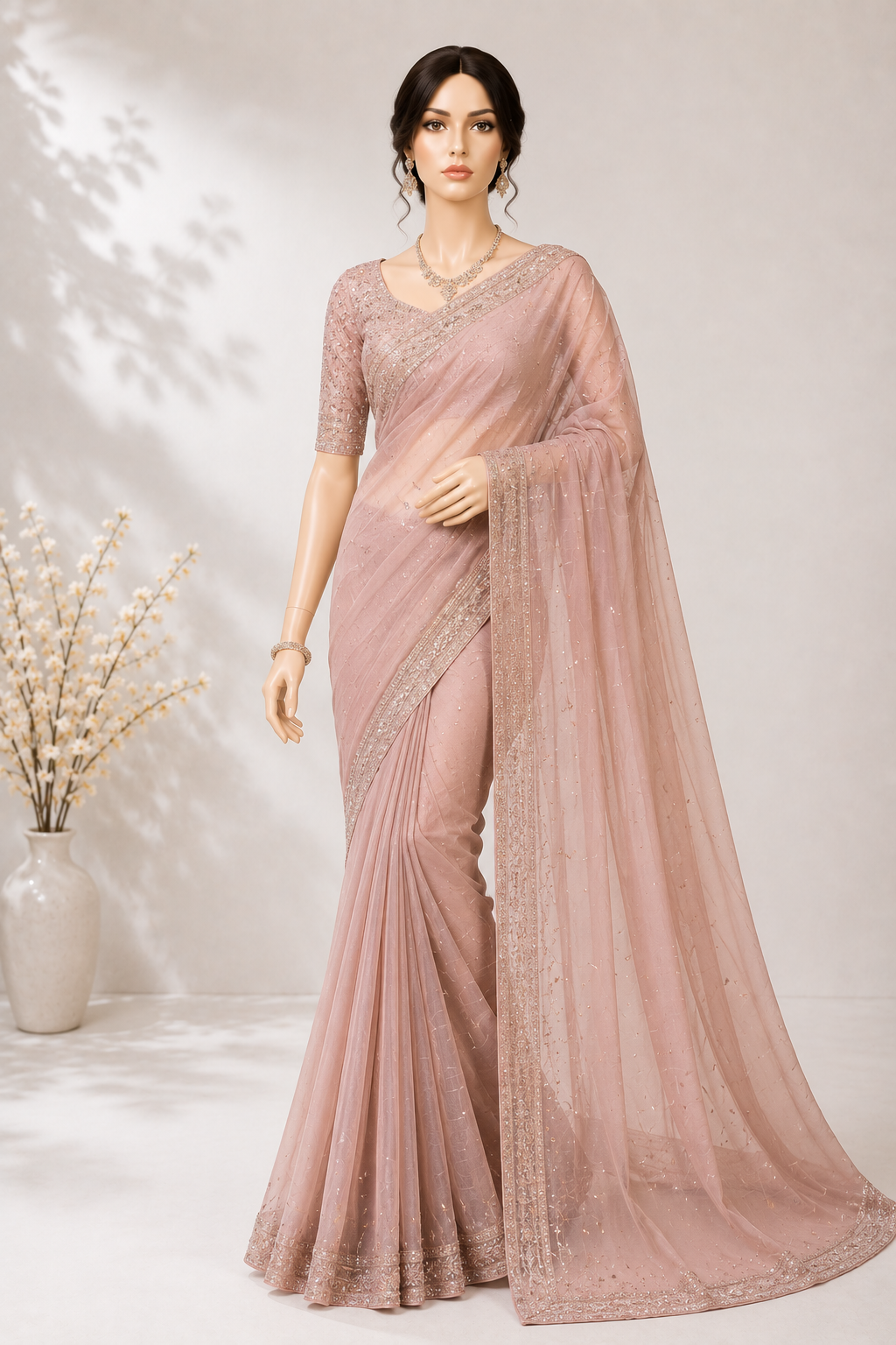 Georgette Party Saree worn by a model in the Cotton India showroom