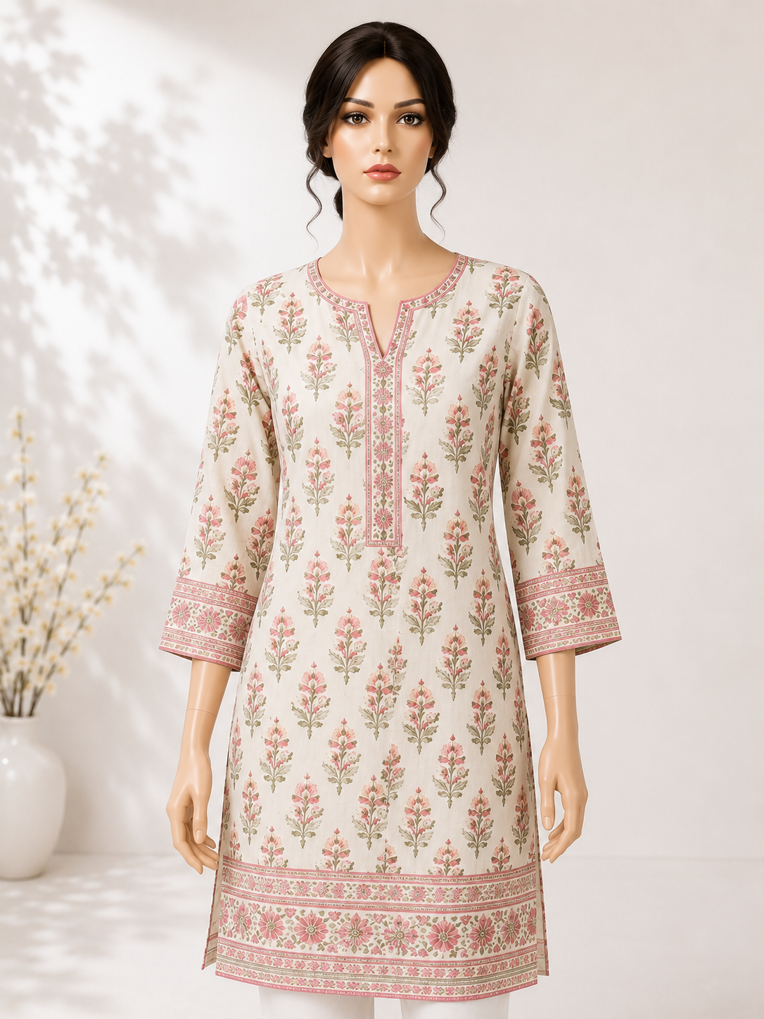 Printed Cotton Kurti worn by a model in the Cotton India showroom