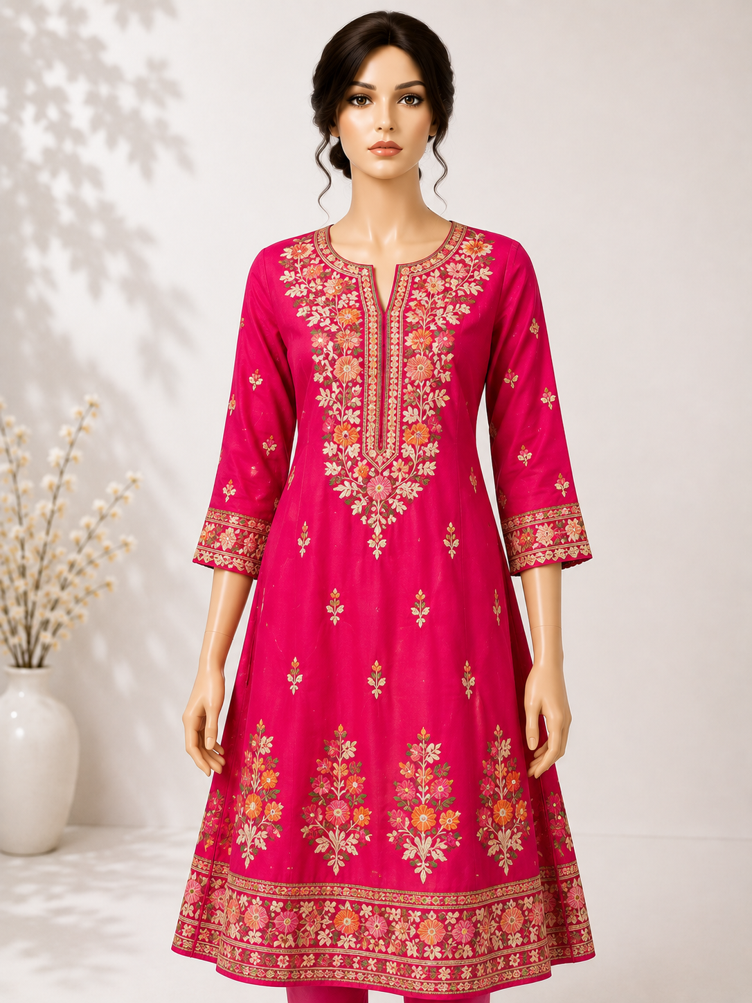 Embroidered A-Line worn by a model in the Cotton India showroom