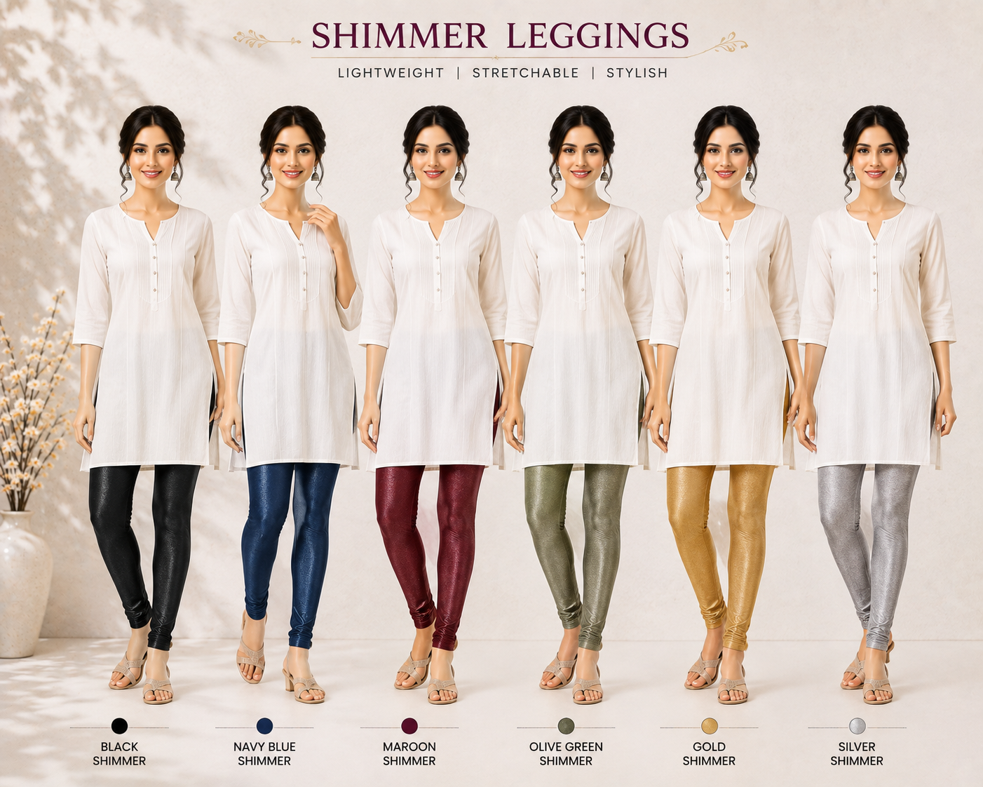 Shimmer Leggings shown across the range in the Cotton India showroom