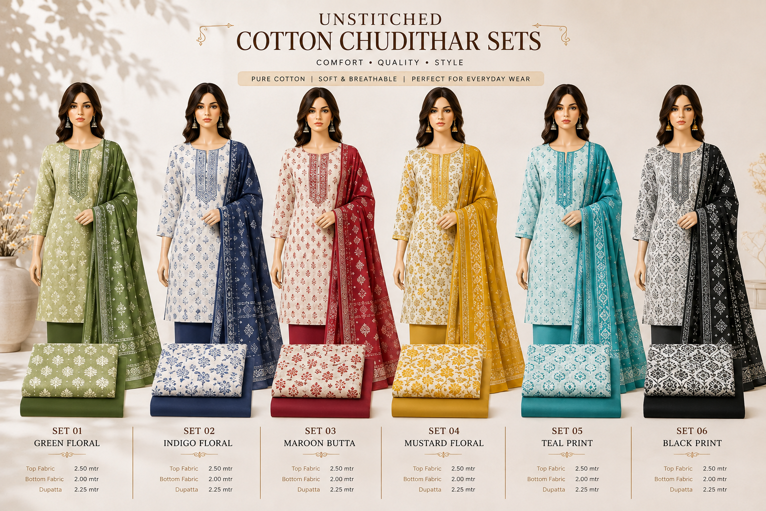 Unstitched Cotton Set shown across the range in the Cotton India showroom