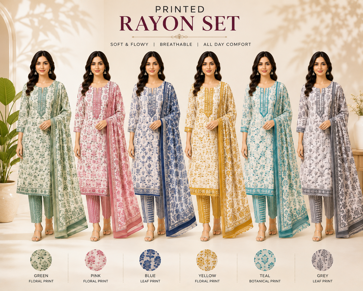 Printed Rayon Set shown across the range in the Cotton India showroom