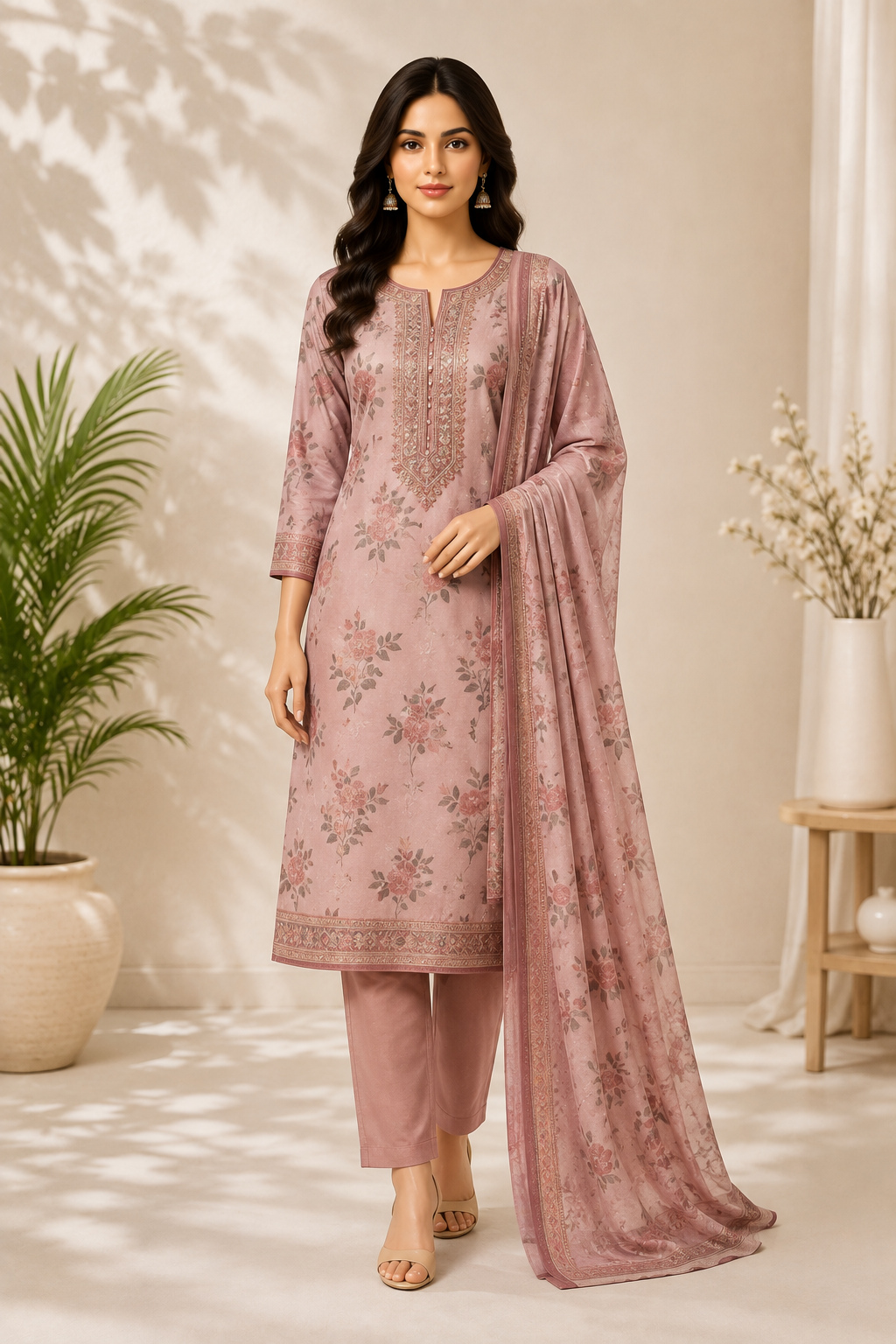 Readymade Chudithar Set worn by a model in the Cotton India showroom