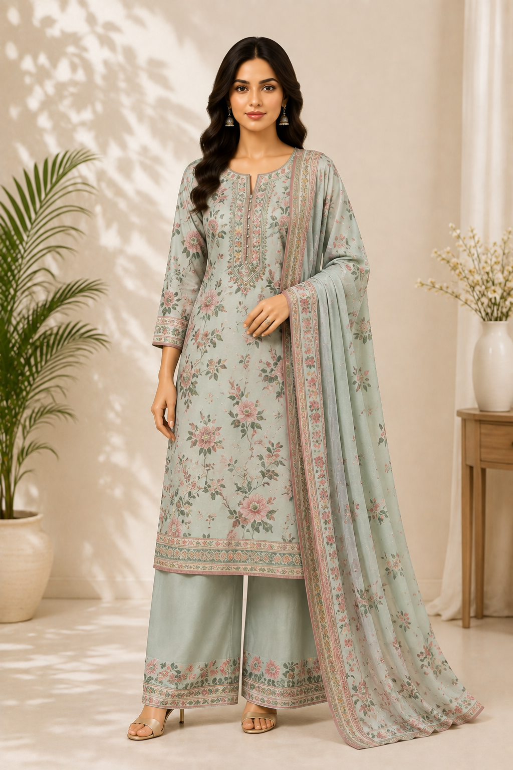 Palazzo Salwar Set worn by a model in the Cotton India showroom