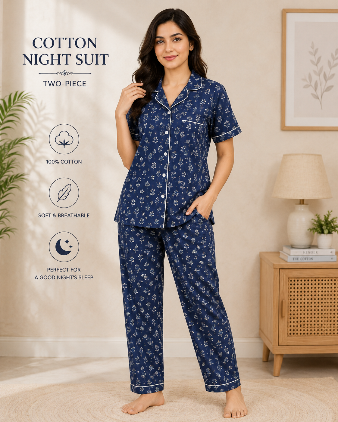Cotton Night Suit worn by a model in the Cotton India showroom