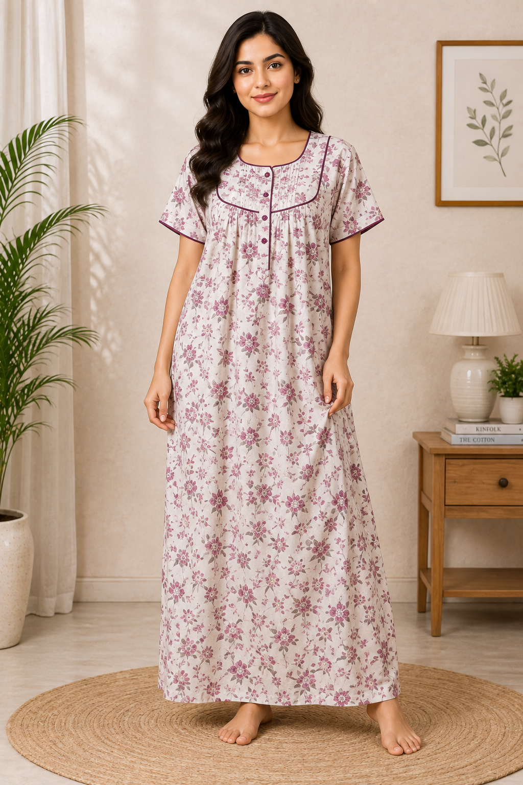 Printed Nighty worn by a model in the Cotton India showroom