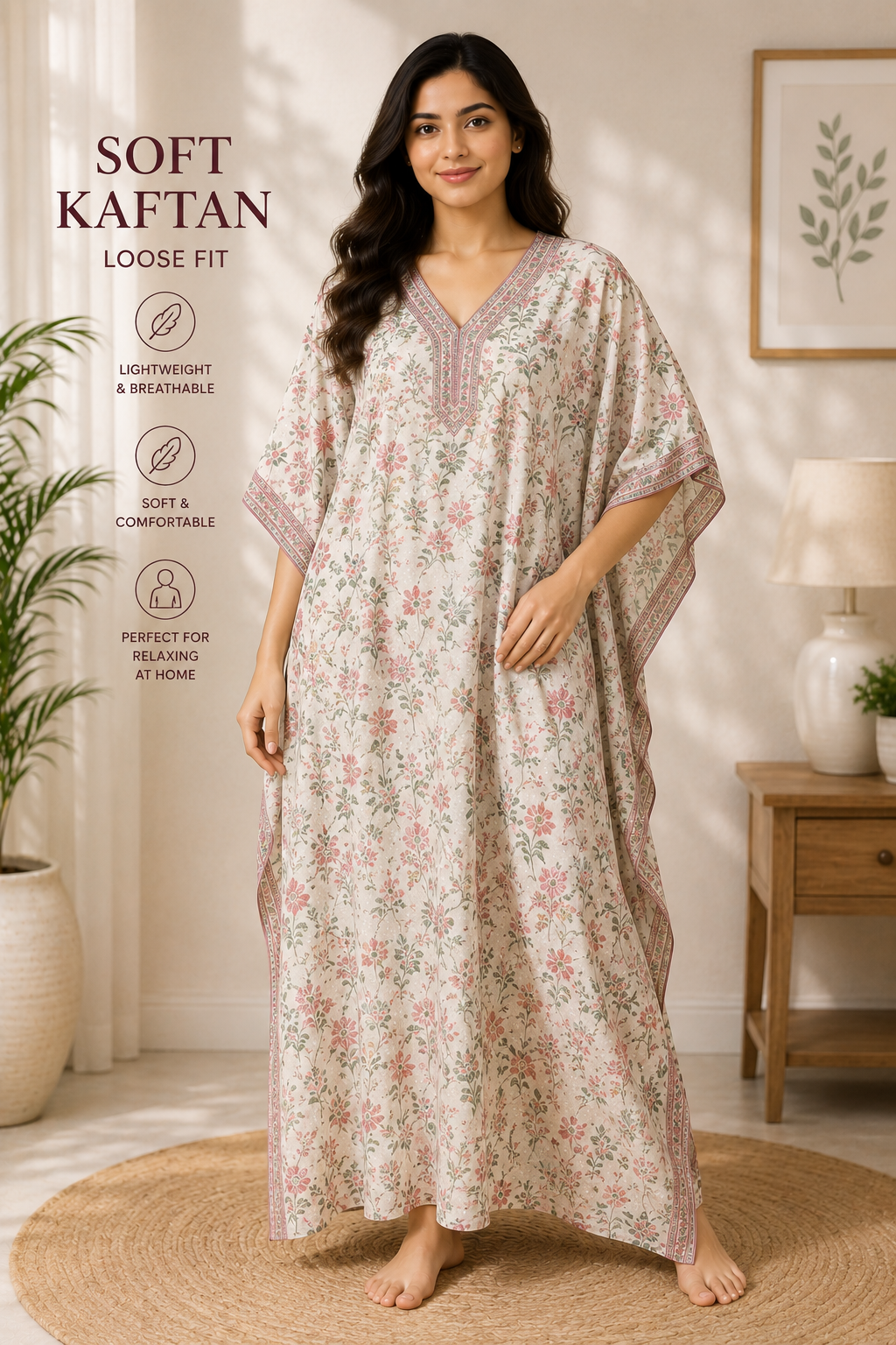 Soft Kaftan worn by a model in the Cotton India showroom