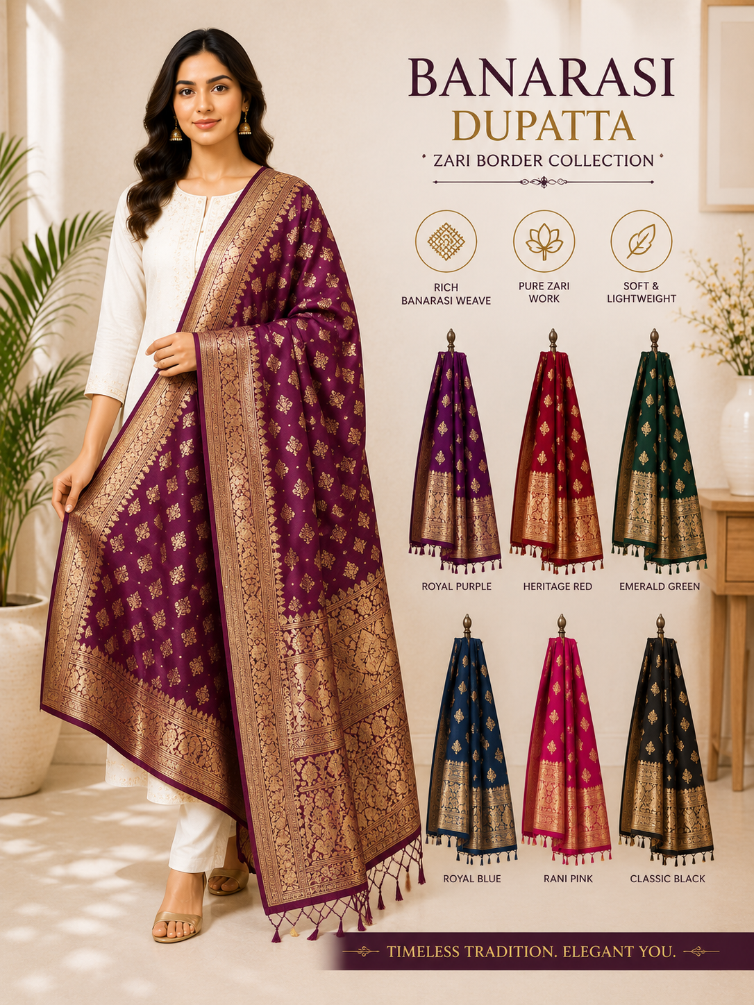 Banarasi Dupatta worn by a model in the Cotton India showroom