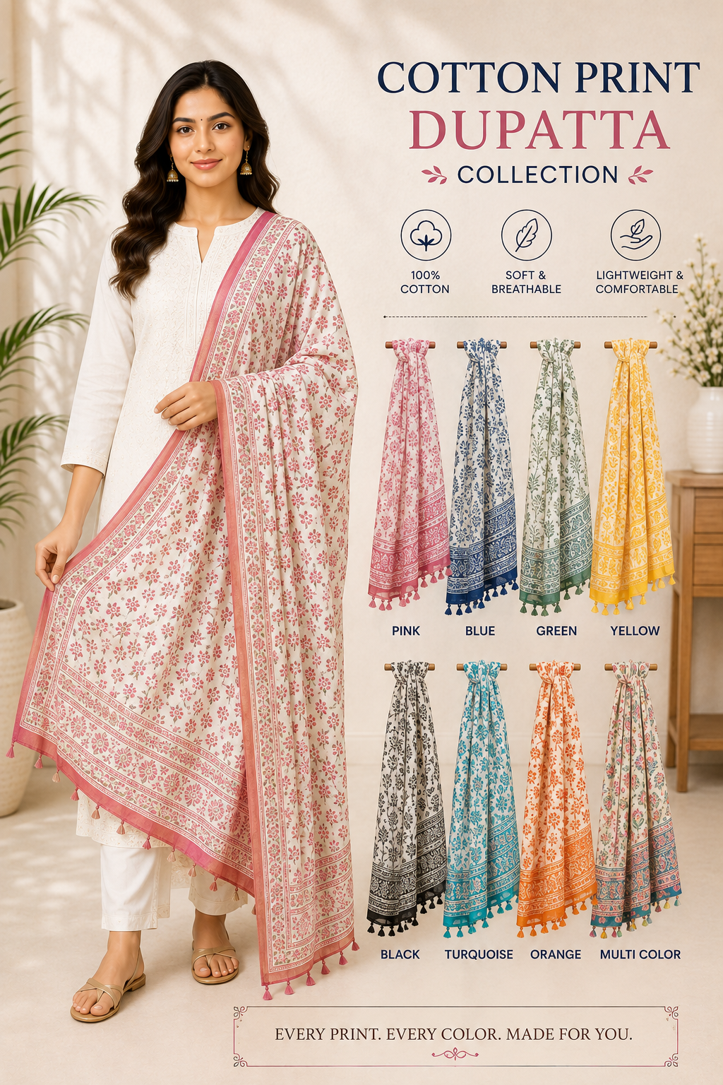 Cotton Print Dupatta worn by a model in the Cotton India showroom