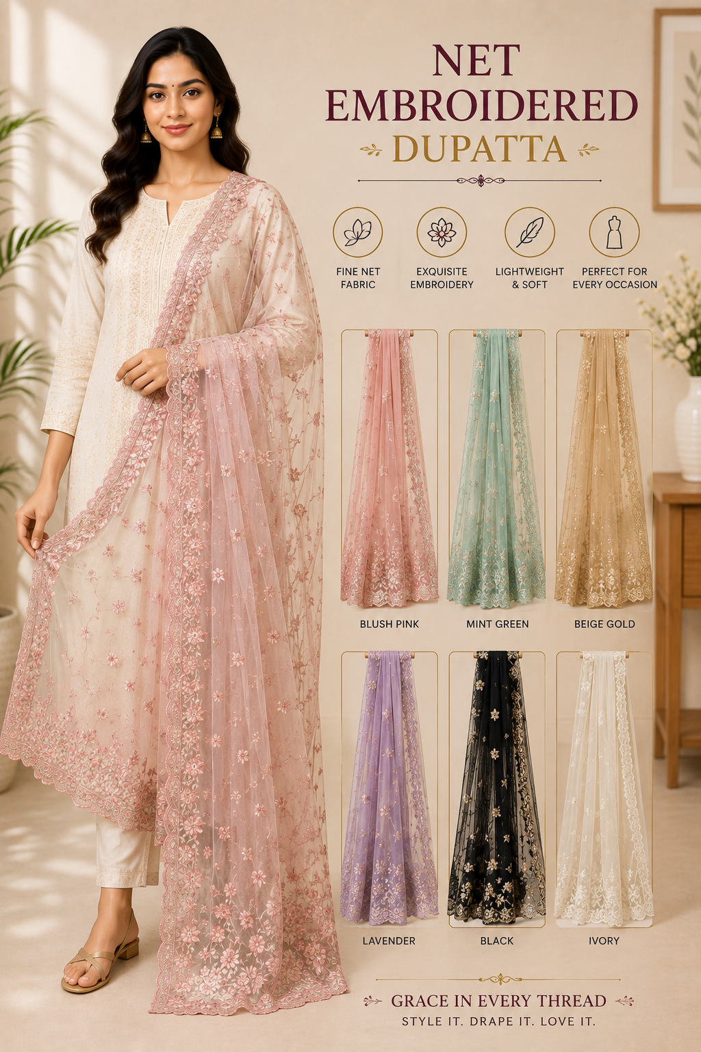 Net Embroidered Dupatta worn by a model in the Cotton India showroom