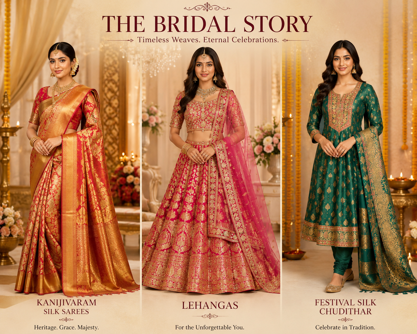 Bridal looks side by side — a gold Kanjivaram silk saree, a pink embroidered lehenga and a green festival silk chudithar