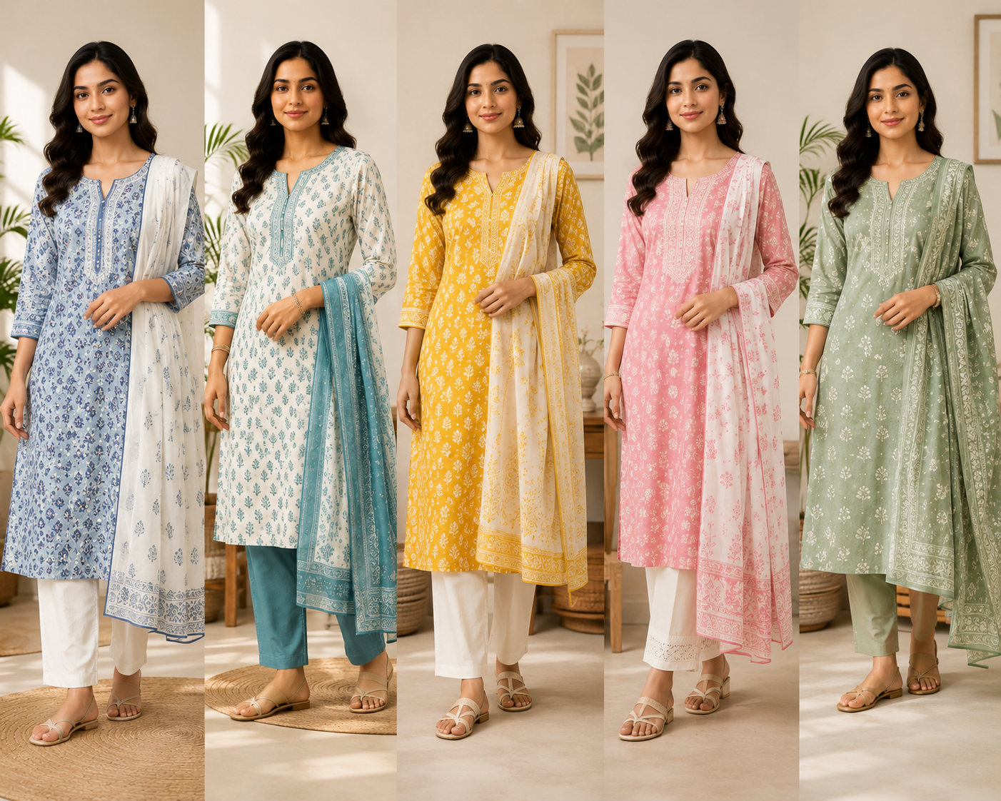 Five printed cotton kurti sets with dupattas in blue, teal, mustard, pink and sage