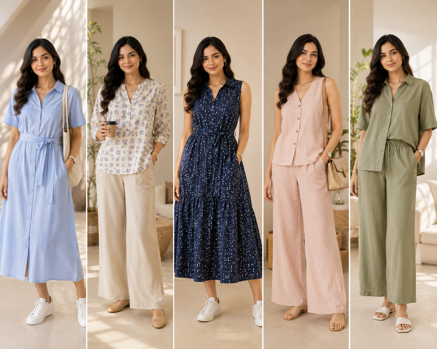 Five western looks — a blue shirt dress, a printed top with linen palazzos, a navy midi dress, and two co-ord sets in blush and olive