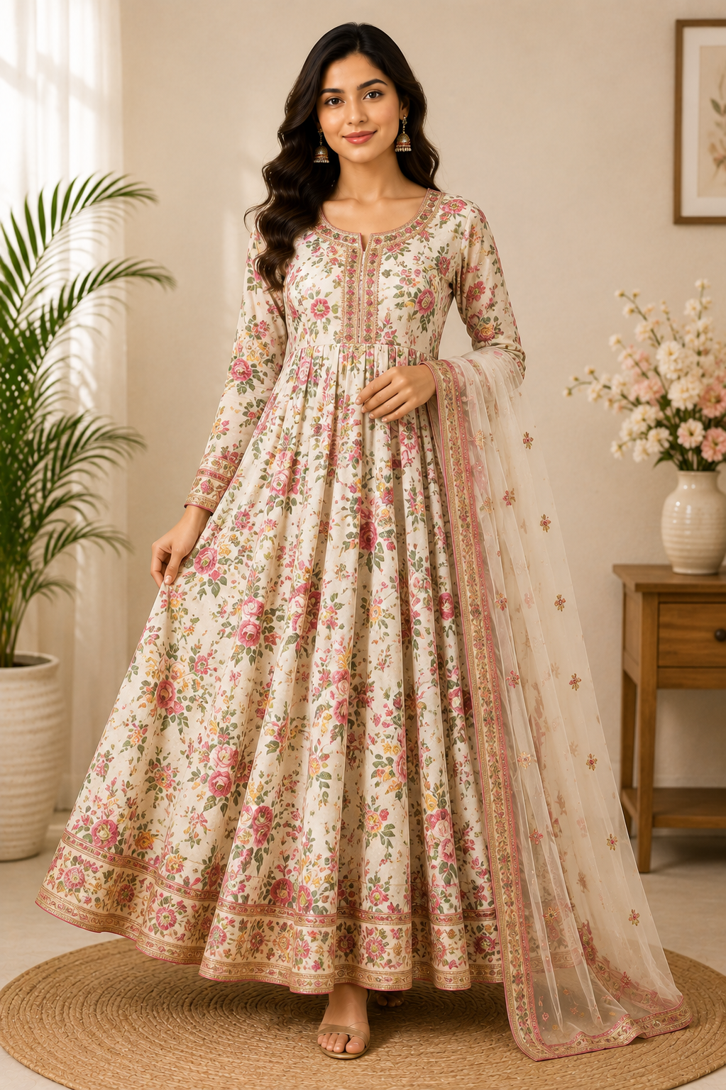 A model in a cream floral anarkali with a matching net dupatta