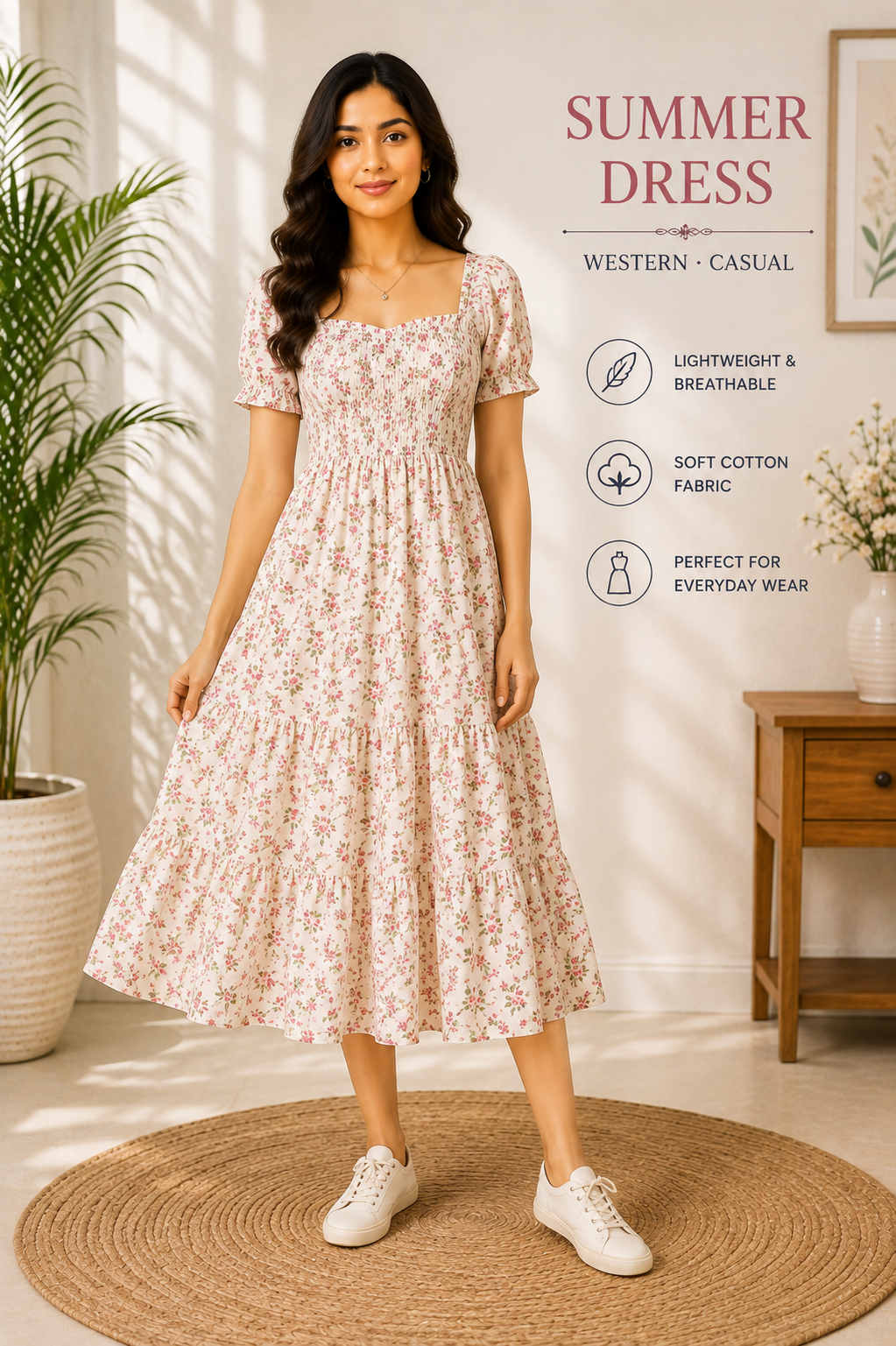 A model in a floral tiered summer dress with a smocked bodice and puff sleeves