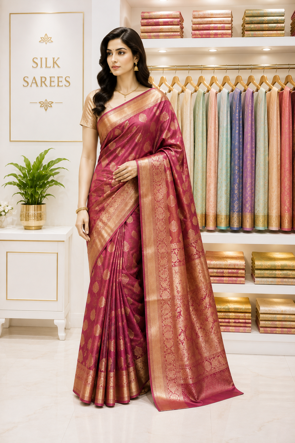 A model in a magenta silk saree with a gold zari border beside the silk saree racks