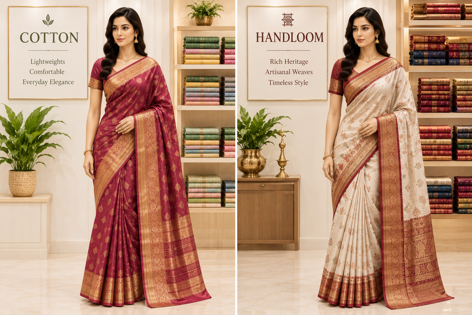 Models in a maroon cotton saree and a cream handloom saree in front of the folded saree shelves