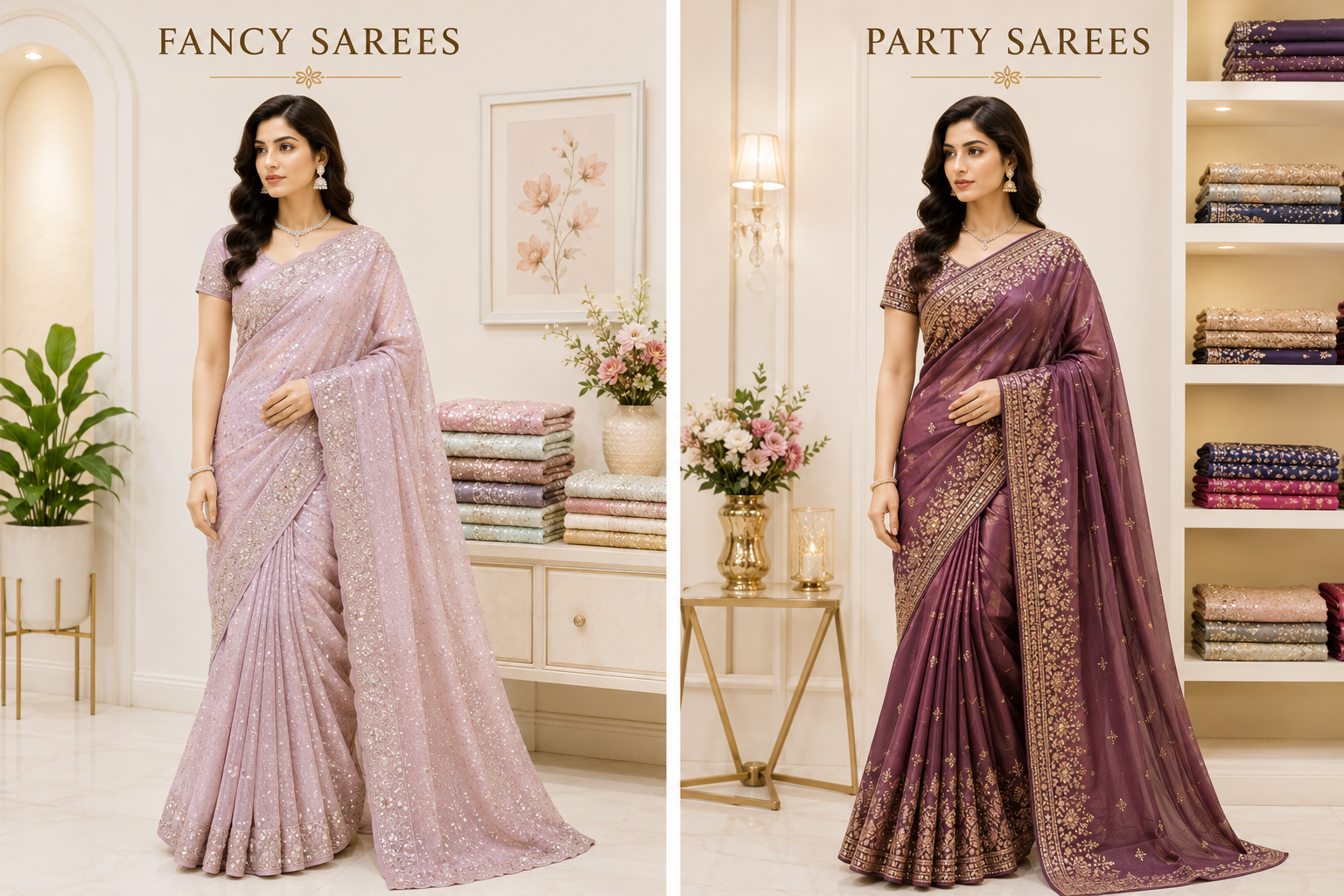 Models in a pale pink sequinned saree and a mauve embroidered party saree