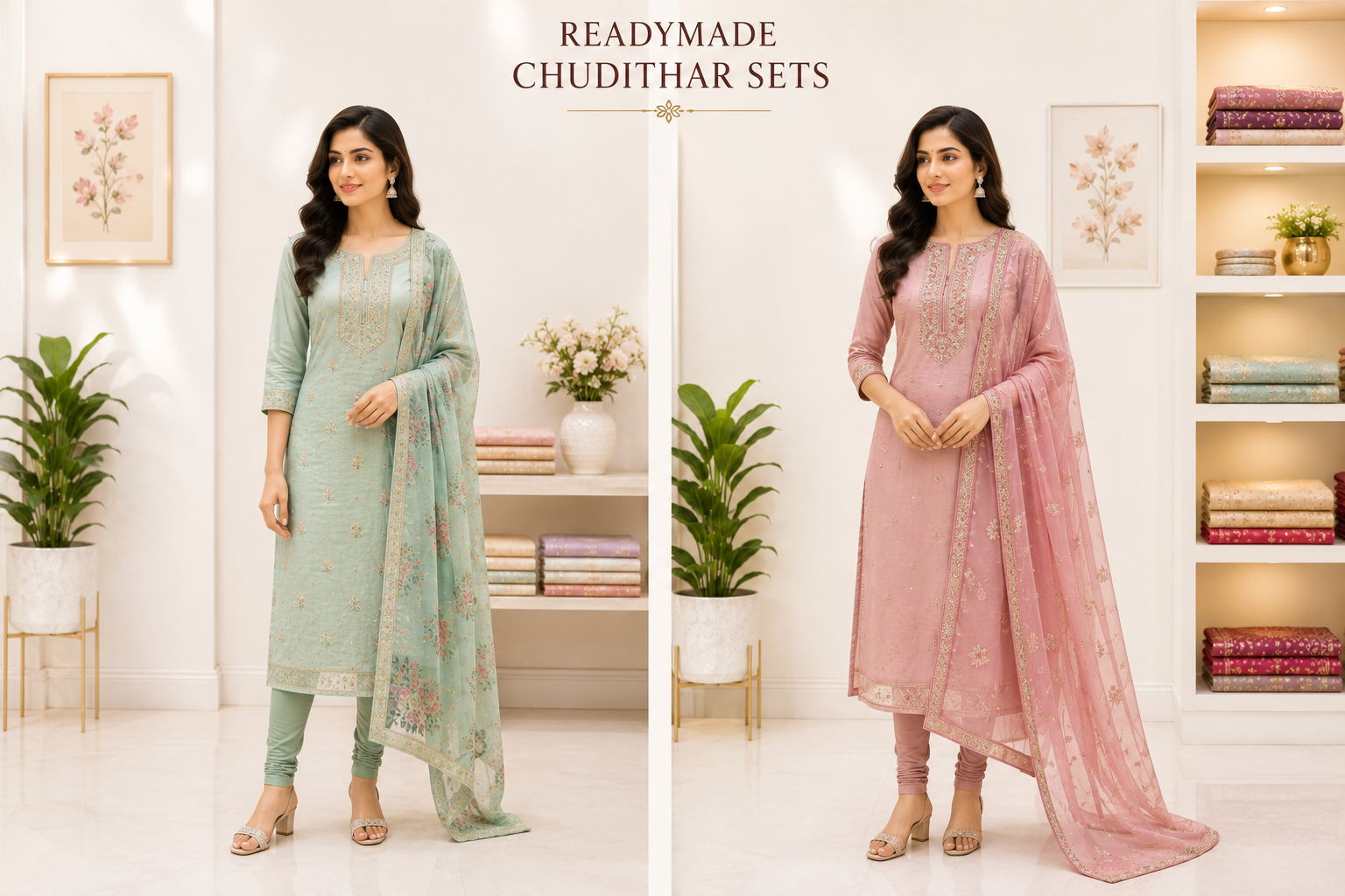 Models in a mint green and a rose pink readymade chudithar set with matching dupattas