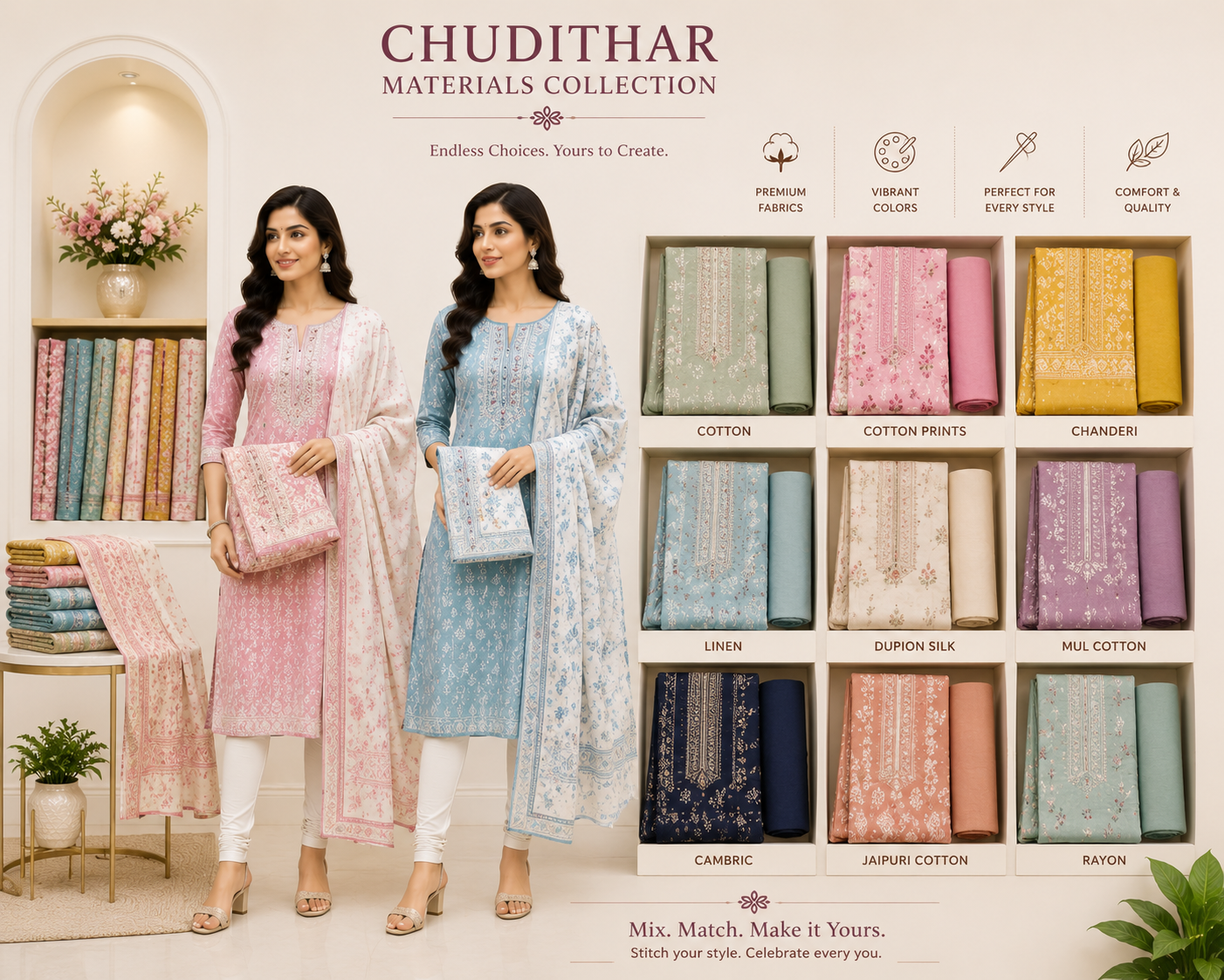 Unstitched chudithar material sets in cotton, chanderi, linen and silk stacked in the display shelves