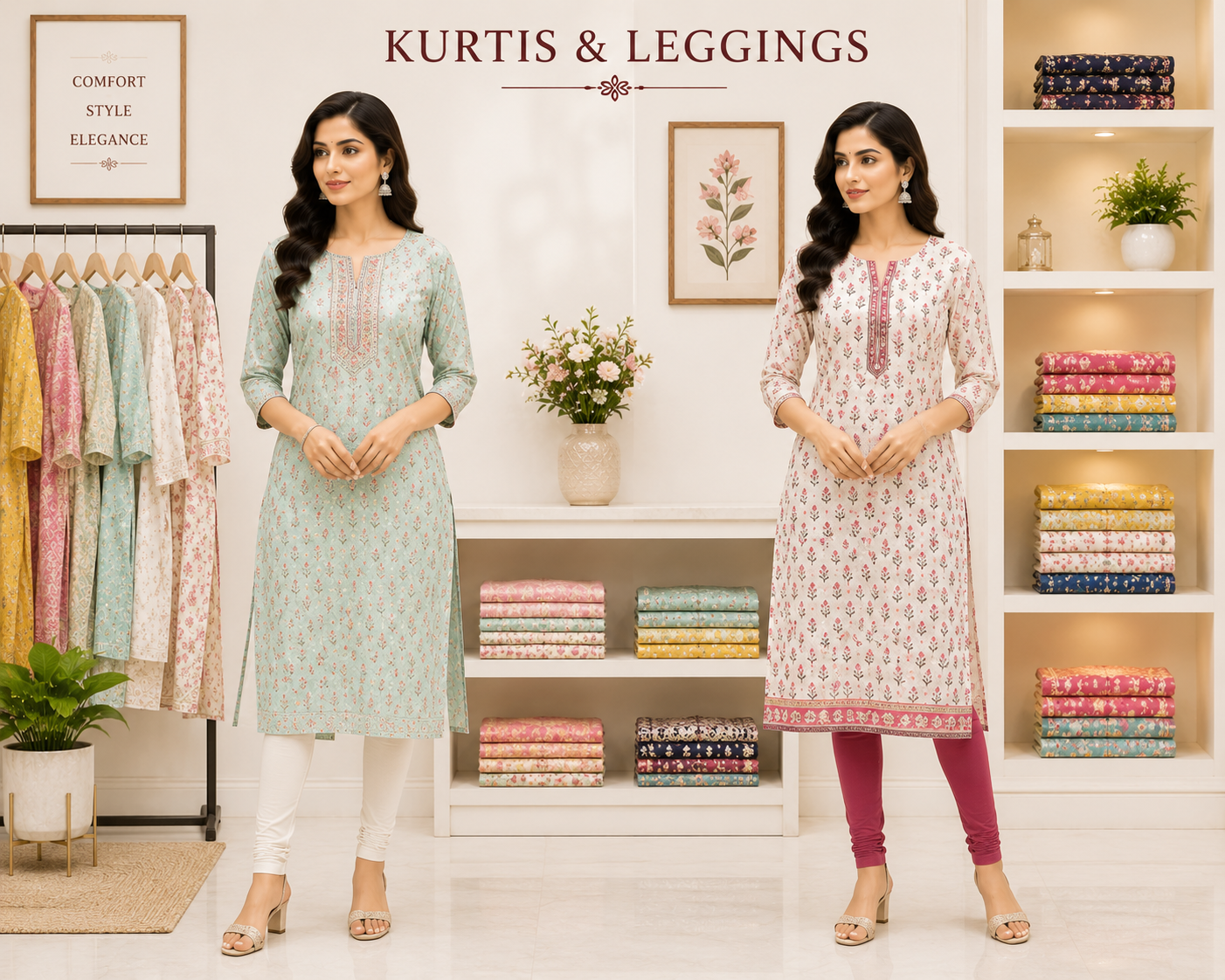 Models in printed kurtis with cream and magenta leggings beside the kurti racks